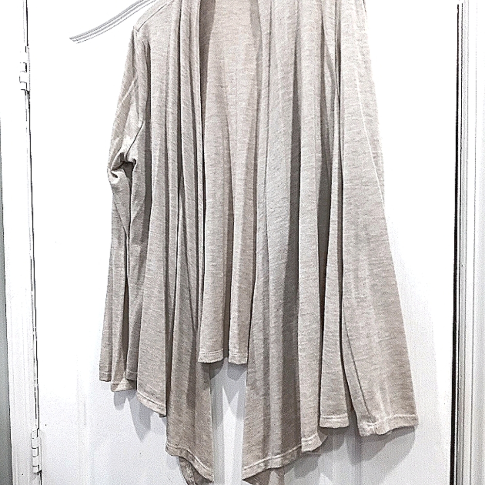 Plus size (2x) drape front sweater in Oatmeal color.
